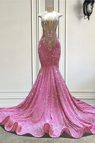 Sleeveless Beads V-Neck Pink Mermaid Prom Dress