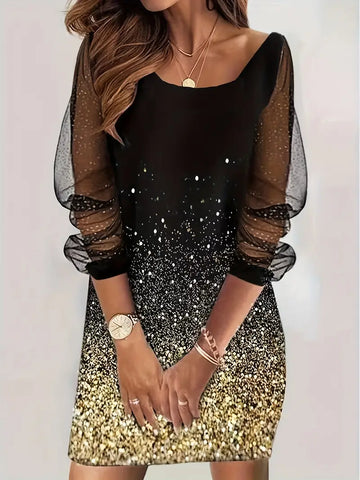 Casual Crew Neck Long Sleeve Sequin Sliver & Gold Dress