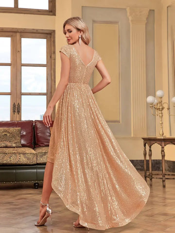 Golden Hour Glamour V-Neck High-Low Sequin Prom Dress 2XL Golden Hour Glamour V-Neck High-Low Sequin Prom Dress 2XL