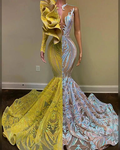 Ruffle Sequins Mermaid Long Sleeve Prom Dress