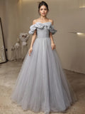 Gray Tulle Ruffles A Line Off The Shoulder Prom Dress