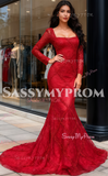 Square Neck Trumpet Mermaid Red Long Sleeve Beading Prom Dress