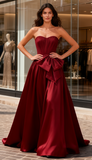 A Line Ruched Burgundy Strapless Satin Prom Dress With Detachable Bow