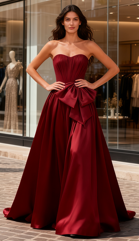 A Line Ruched Burgundy Strapless Satin Prom Dress With Detachable Bow