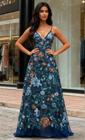 Blue Flower V Neck Tulle A Line Prom Dress