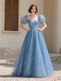 A Line Sweetheart Tulle Blue Puffy Sleeves Prom Dress