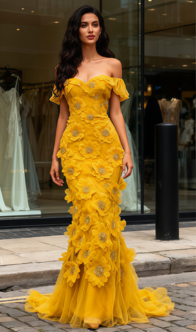 Off The Shoulder Tulle Yellow Flower Mermaid Prom Dress