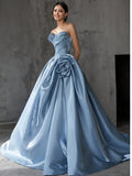 Ruched A Line Flower Blue Satin Prom Dress