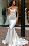 Ruched Satin Trumpet Mermaid Spaghetti Straps Wedding Dress