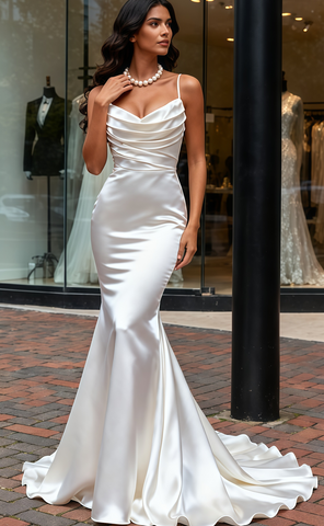 Ruched Satin Trumpet Mermaid Spaghetti Straps Wedding Dress