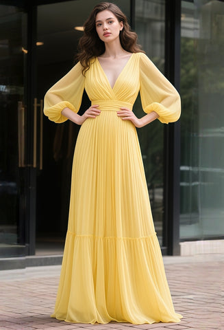 Yellow V Neck A Line Chiffon Long Sleeve Prom Dress