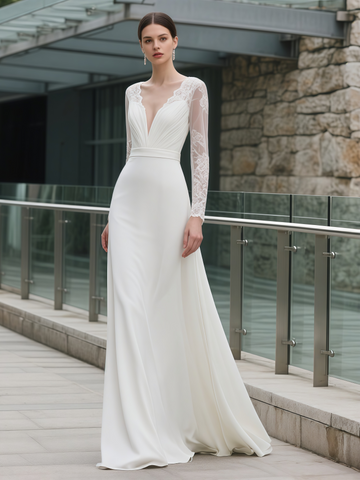 V Neck Chiffon Lace A Line Long Sleeve Wedding Dress