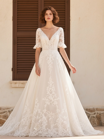 Half Sleeve V Neck Lace Tulle A Line Wedding Dress