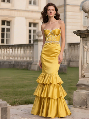 Beading Satin Trumpet Mermaid Yellow Sweetheart Prom Dress