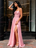 Strapless A Line Pink Ruched Bridesmaid Dress With Slit