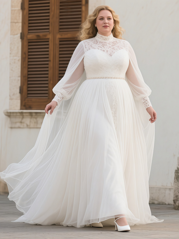 A Line Cape Plus Size High Neck Tulle Wedding Dress