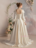 V Neck Satin Appliques Long Sleeve Beading Wedding Dress