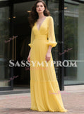 Yellow V Neck A Line Chiffon Long Sleeve Prom Dress