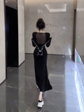 Thigh-High Slit Long Sleeves Sleek Black Maxi Dress