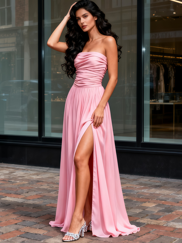 Strapless A Line Pink Ruched Bridesmaid Dress With Slit