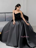 Satin A Line Black Strapless Prom Dress