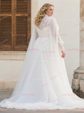 A Line Cape Plus Size High Neck Tulle Wedding Dress