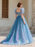 A Line Sweetheart Tulle Blue Puffy Sleeves Prom Dress