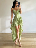 Soft Green Asymmetrical Ruffled Dress