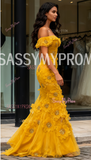 Off The Shoulder Tulle Yellow Flower Mermaid Prom Dress