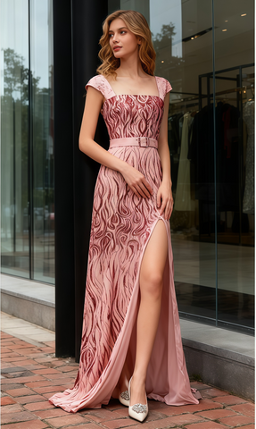 Sequin Square Sheath Column Red Straps Prom Dress With Slit