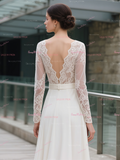 V Neck Chiffon Lace A Line Long Sleeve Wedding Dress
