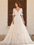 Half Sleeve V Neck Lace Tulle A Line Wedding Dress