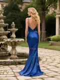 Deep V Neck Trumpet Mermaid Royal Blue Spaghetti Straps Sequin Prom Dress