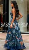 Blue Flower V Neck Tulle A Line Prom Dress