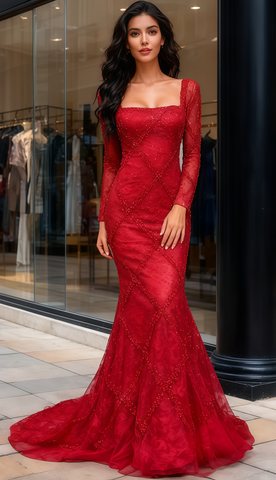 Square Neck Trumpet Mermaid Red Long Sleeve Beading Prom Dress