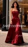 A Line Ruched Burgundy Strapless Satin Prom Dress With Detachable Bow