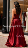 A Line Ruched Burgundy Strapless Satin Prom Dress With Detachable Bow