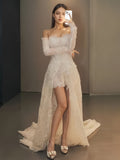 High Low Lace Long Sleeve Sheath Column Wedding Dress