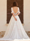 Half Sleeve V Neck Lace Tulle A Line Wedding Dress