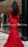 Square Neck Trumpet Mermaid Red Long Sleeve Beading Prom Dress
