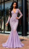 Long Sleeve Beading Flower Purple Tulle Prom Dress