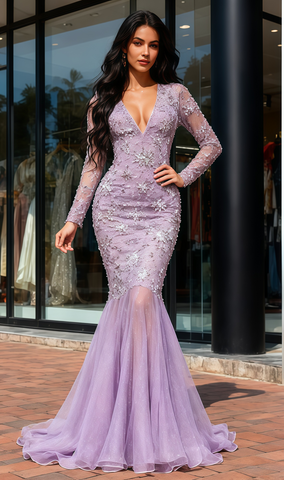 Long Sleeve Beading Flower Purple Tulle Prom Dress