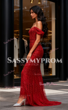 Off The Shoulder Burgundy Beading Trumpt Mermaid Prom Dress