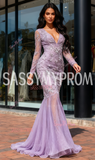 Long Sleeve Beading Flower Purple Tulle Prom Dress