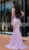 Long Sleeve Beading Flower Purple Tulle Prom Dress