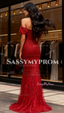 Off The Shoulder Burgundy Beading Trumpt Mermaid Prom Dress