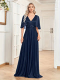 Cape Sleeve Sequin V Neck A Line Maxi Party Dress