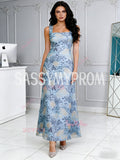 Straps Ankle Length Sheath Column Blue Lace Square Prom Dress