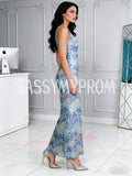 Straps Ankle Length Sheath Column Blue Lace Square Prom Dress