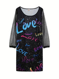 Casual Crew Neck Long Sleeve Sequin Love Print Dress